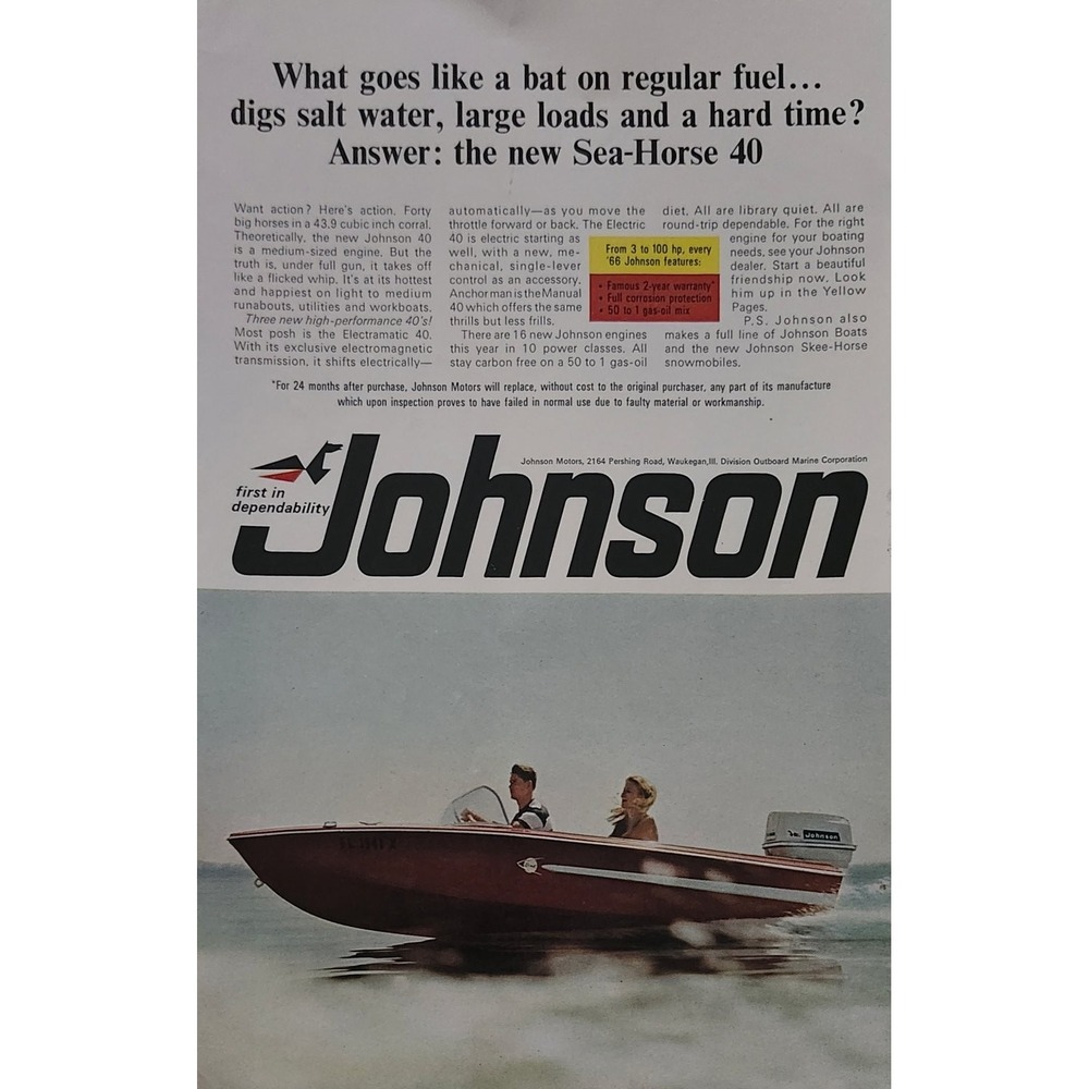 1966 Johnson Sea-Horse 40 Outboard Motor Vintage Print Ad Mid-Century Marine